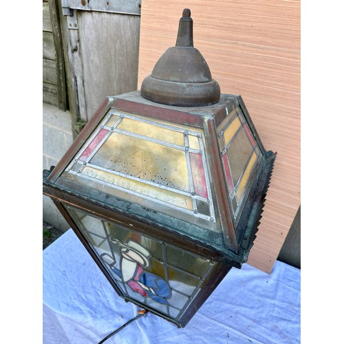 1010 - A stained glass William Younger pub wall light/lantern. 43cm x 43cm x 77cm h.