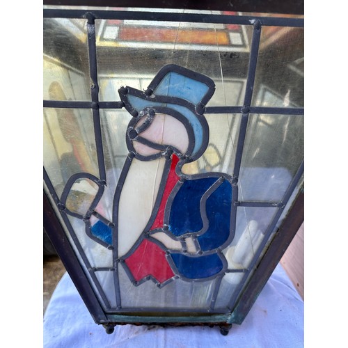 1010 - A stained glass William Younger pub wall light/lantern. 43cm x 43cm x 77cm h.