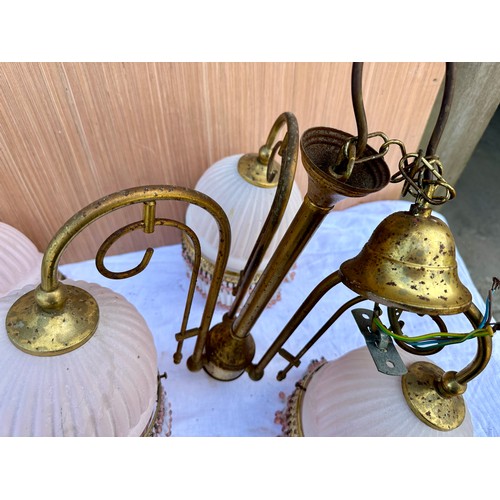 1011 - Two vintage brass and glass ceiling lights.