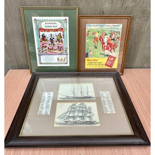 1355 - Prints comprising Bar One advertising, Guinness Derby Day and a hand coloured Victorian engraving of... 