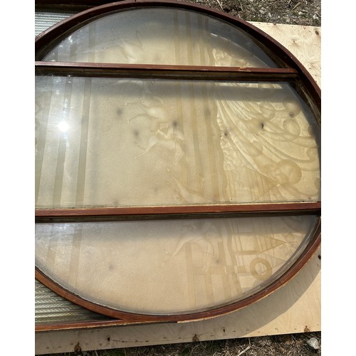 34 - An etched glass 6 panel window depicting racehorses at the finishing post in purpose built wooden fr... 