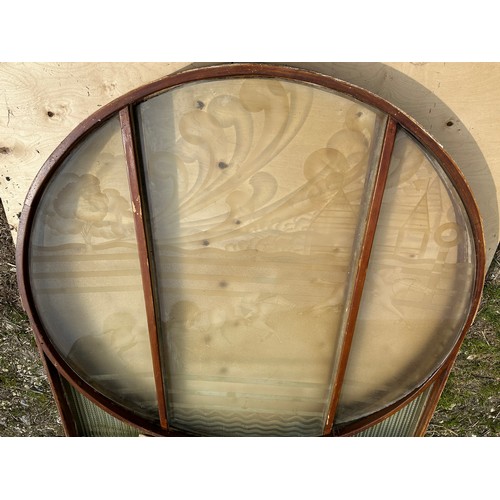 34 - An etched glass 6 panel window depicting racehorses at the finishing post in purpose built wooden fr... 