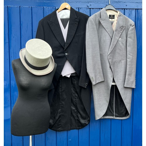 858 - Two vintage gentleman’s tail suits both with waistcoats and trousers together with a grey felt top h... 