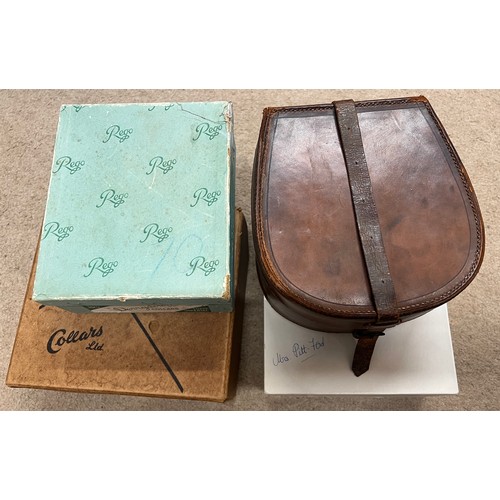 857 - A leather collar box, leather studs box and a quantity of starched vintage leather collars.