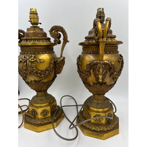 1013 - A pair of gilt bronze vases converted to lamps in the manner of Matthew Boulton. 42cm h.