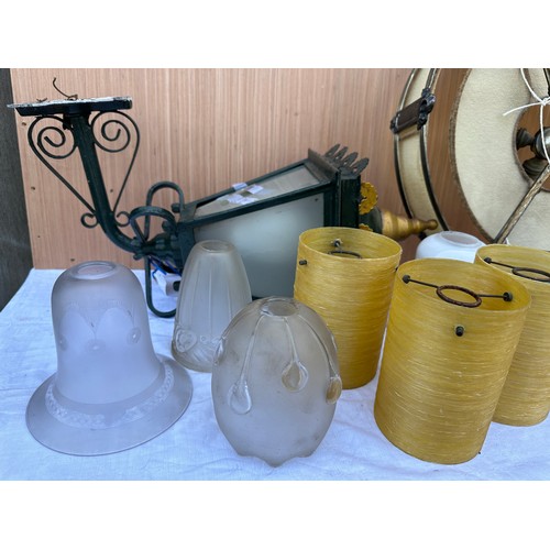 1014 - A quantity of vintage lighting to include glass shades, street lamp, ceiling drop light fitting 46cm... 