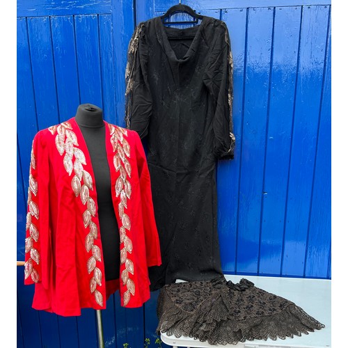 863 - Vintage clothing to include red sequin jacket, 1930’s black dress and Victorian cape.