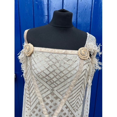 852 - A vintage cream net and metallic silver embroidered dress made with Egyptian azute shawl with long t... 