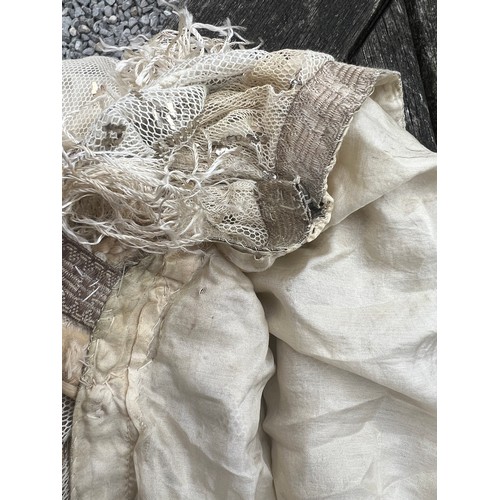 852 - A vintage cream net and metallic silver embroidered dress made with Egyptian azute shawl with long t... 