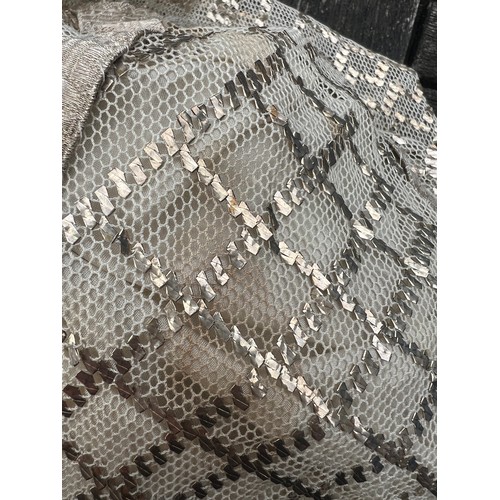 852 - A vintage cream net and metallic silver embroidered dress made with Egyptian azute shawl with long t... 