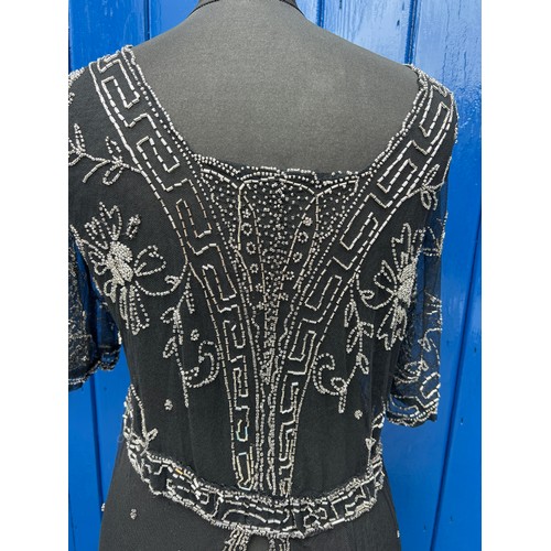 855 - 1920’s bead work fashion to include black and silver overdress, black beadwork top and skirt and a g... 