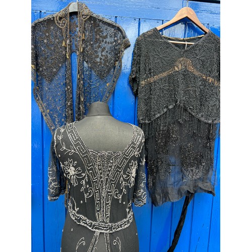 855 - 1920’s bead work fashion to include black and silver overdress, black beadwork top and skirt and a g... 