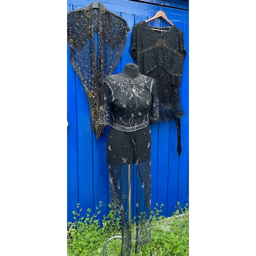 855 - 1920’s bead work fashion to include black and silver overdress, black beadwork top and skirt and a g... 