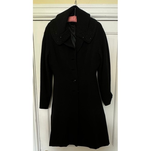 872 - Vintage costume to include a black beaded woollen coat, circa 1940's, a black velvet coat and a blac... 