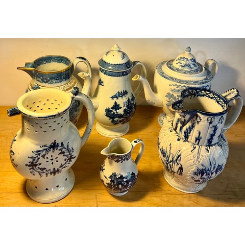 165 - Six various 18th/ 19thC blue and white ceramics, all a/f. Height of tallest one (coffee pot) 27cm.