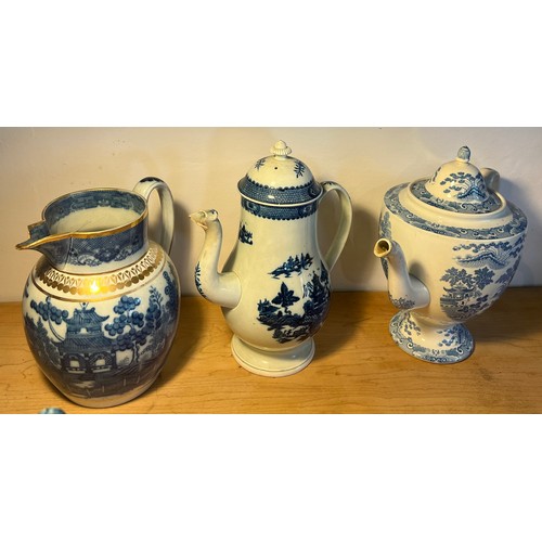 165 - Six various 18th/ 19thC blue and white ceramics, all a/f. Height of tallest one (coffee pot) 27cm.