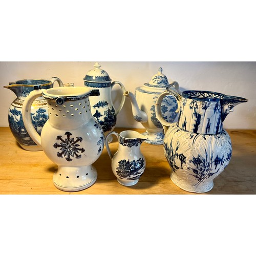 165 - Six various 18th/ 19thC blue and white ceramics, all a/f. Height of tallest one (coffee pot) 27cm.