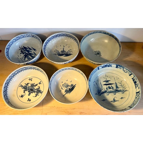 167 - Six 18thC blue and white pottery bowls all with Chinoiserie decoration. Largest 23cm d. Most with da... 