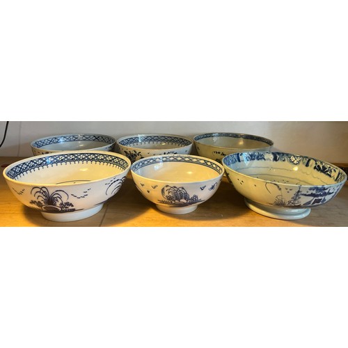 167 - Six 18thC blue and white pottery bowls all with Chinoiserie decoration. Largest 23cm d. Most with da... 