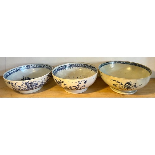 167 - Six 18thC blue and white pottery bowls all with Chinoiserie decoration. Largest 23cm d. Most with da... 