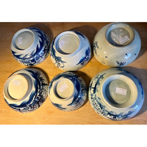 167 - Six 18thC blue and white pottery bowls all with Chinoiserie decoration. Largest 23cm d. Most with da... 