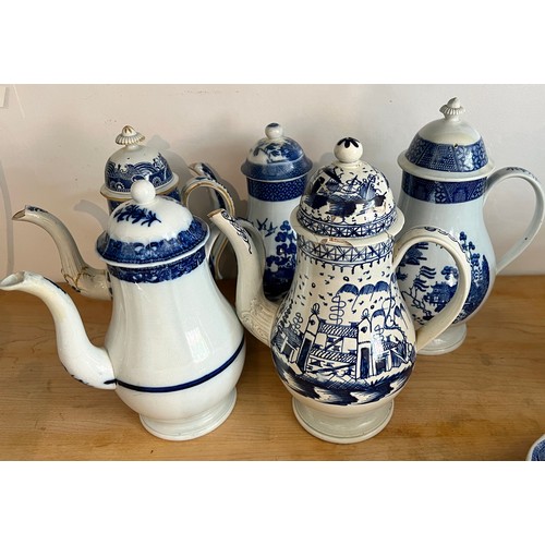 169 - Five 18th and 19thC blue and white creamware and pottery coffee pots, all a/f. Tallest 29cm h.