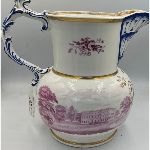 171 - A 19thC English porcelain jug decorated with puce view of Brownsholme Hall Clitheroe Lancashire and ... 