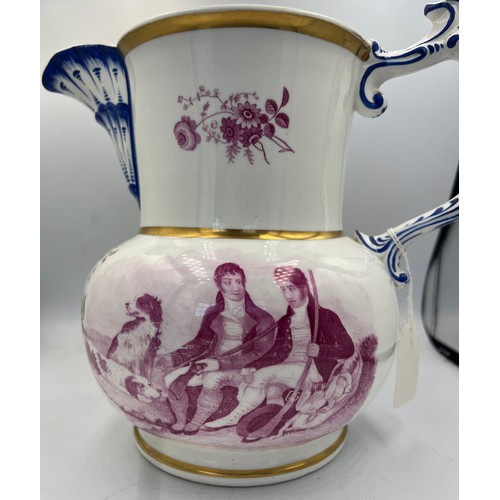 171 - A 19thC English porcelain jug decorated with puce view of Brownsholme Hall Clitheroe Lancashire and ... 