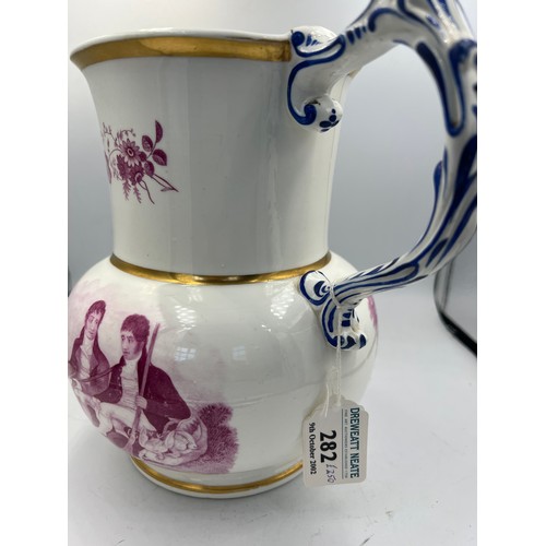 171 - A 19thC English porcelain jug decorated with puce view of Brownsholme Hall Clitheroe Lancashire and ... 