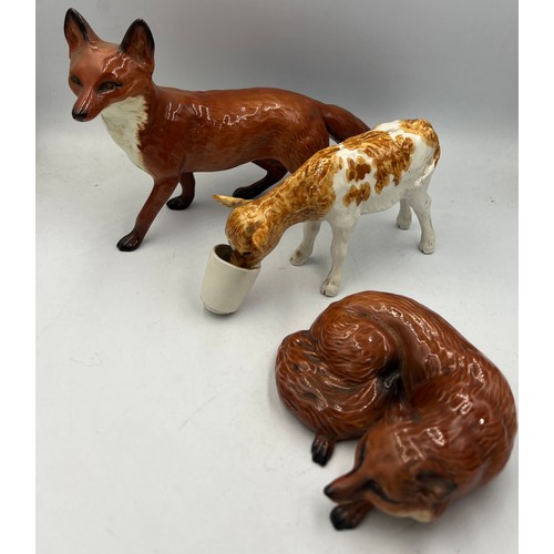 164 - Two Beswick foxes, a standing fox approx. 22cm w x 13cm h, a curled fox No 1017 together with a cera... 