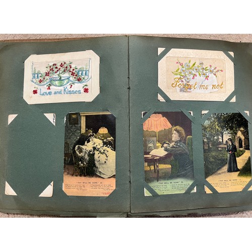 916 - An Edwardian postcard album and contents to include a quantity of WW1 silk embroidered examples, WW1... 