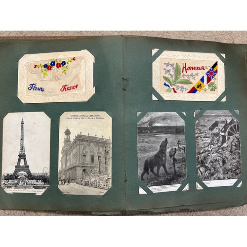 916 - An Edwardian postcard album and contents to include a quantity of WW1 silk embroidered examples, WW1... 