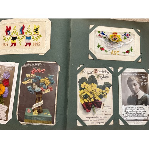 916 - An Edwardian postcard album and contents to include a quantity of WW1 silk embroidered examples, WW1... 