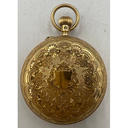 703 - An 18 carat gold cased ladies pocket watch with etched decoration to the back. Chester 1901. 3.5cm d... 