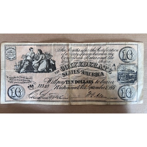 733 - Various world coins and banknotes to include 10 dollar confederate note, 1861, various bank of Egypt... 