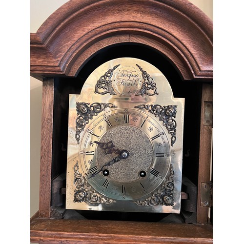 1005 - An oak grandmother clock with barley twist supports to hood. 169cm h.