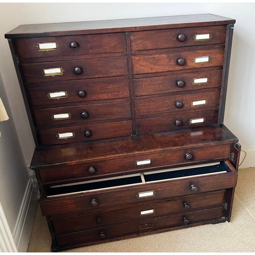 48 - A 19thC mahogany collectors cabinet with wooden knobs. Ten drawers to top over five long drawers to ... 