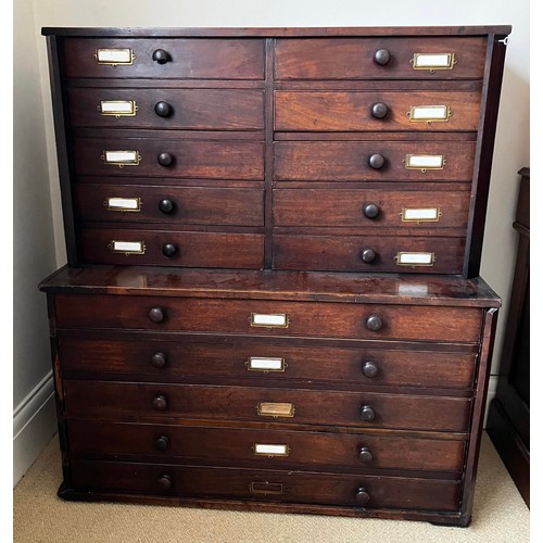 48 - A 19thC mahogany collectors cabinet with wooden knobs. Ten drawers to top over five long drawers to ... 