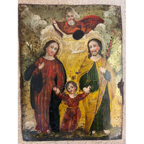 1325 - A 19thC panel depicting La Sagrada Familia, The Holy Family painted on metal. 33cm 25cm.