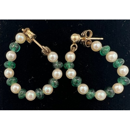 604 - Pearl and emerald loop earrings with 9 carat gold posts and backs.