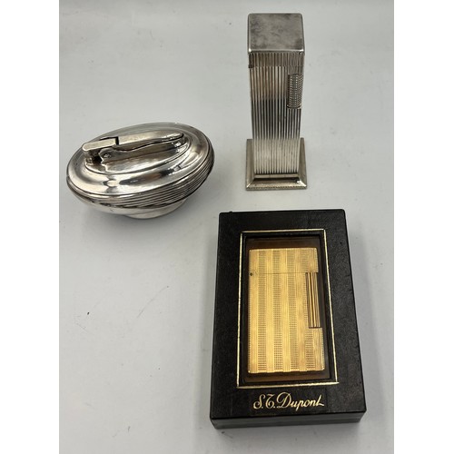 1328 - Three lighters to include DuPont gold plated lighter in original box, Lord De Luxe column silver pla... 