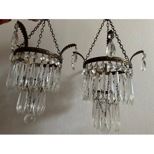 1017 - Four matching late 19th/early 20thC brass and cut glass small chandeliers. Length from hook to botto... 