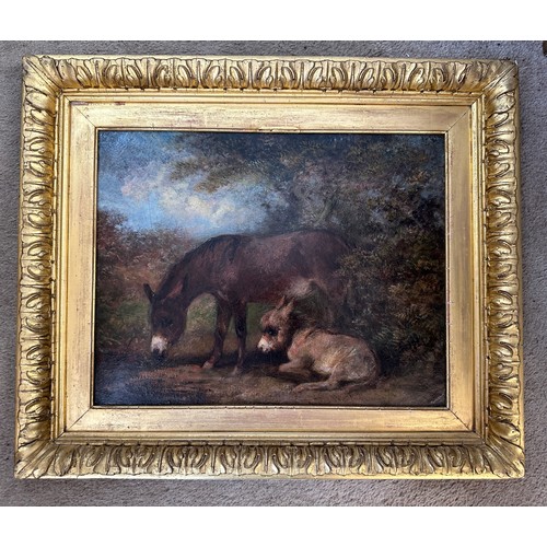 1387 - A 19thC oil on board of two donkeys labelled to the reverse. J. F. C. Ward 1870. Image size 25 x 35.... 