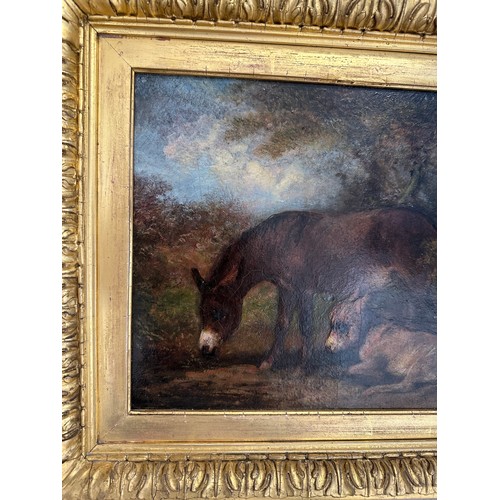 1387 - A 19thC oil on board of two donkeys labelled to the reverse. J. F. C. Ward 1870. Image size 25 x 35.... 