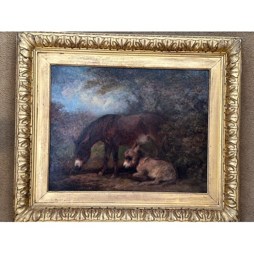 1387 - A 19thC oil on board of two donkeys labelled to the reverse. J. F. C. Ward 1870. Image size 25 x 35.... 