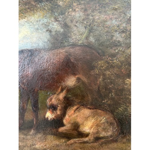 1387 - A 19thC oil on board of two donkeys labelled to the reverse. J. F. C. Ward 1870. Image size 25 x 35.... 