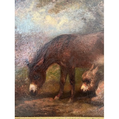 1387 - A 19thC oil on board of two donkeys labelled to the reverse. J. F. C. Ward 1870. Image size 25 x 35.... 