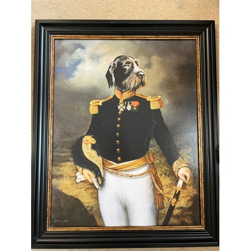 1378 - Print of a dog dressed in military uniform. Size including frame 84cm x 68cm.