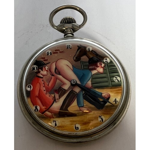 696 - An erotic Doxa pocket watch. 5.5cm d.