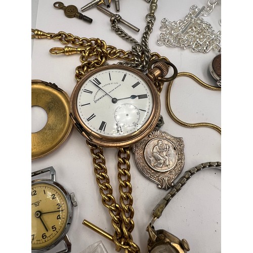 699 - A quantity of pocket watches, watch keys and watch chains and fobs.